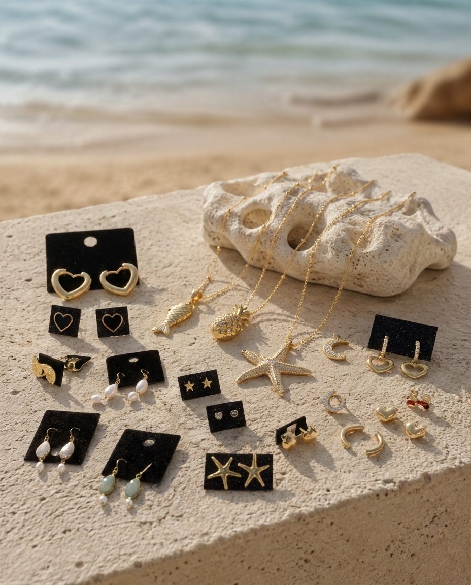 Handmade gold jewelry on a beach rock